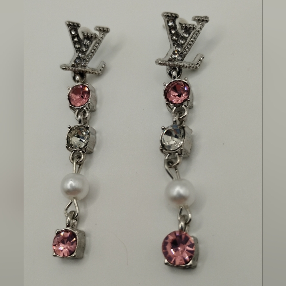 Chic Silver and Pink Crystal Drop Earrings - Picture 3 of 3